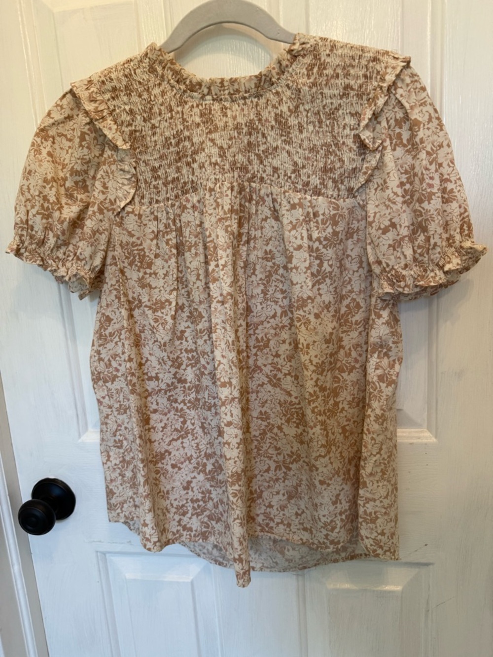 Blu Pepper Cream & Brown Floral Smocked Ruffle Blouse